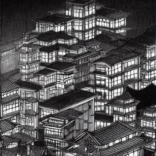 Image similar to a beautiful ink painting of buildings in japanese traditional style, in the style of hiroshi yoshida, at night, light effect, detailed, high - definition, exquisite isolated very detailed, moody lighting, 8 k highly detailed, trending on artstation