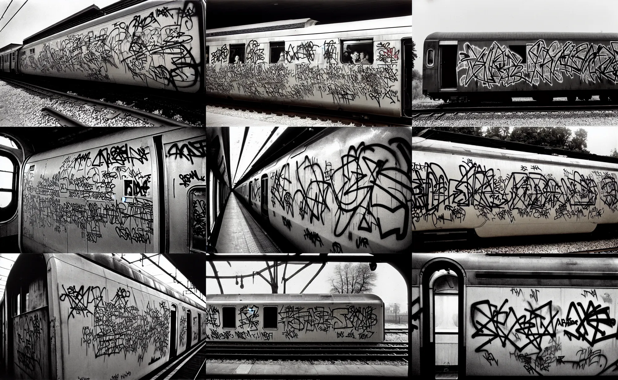 Prompt: a train covered with graffiti by diane arbus