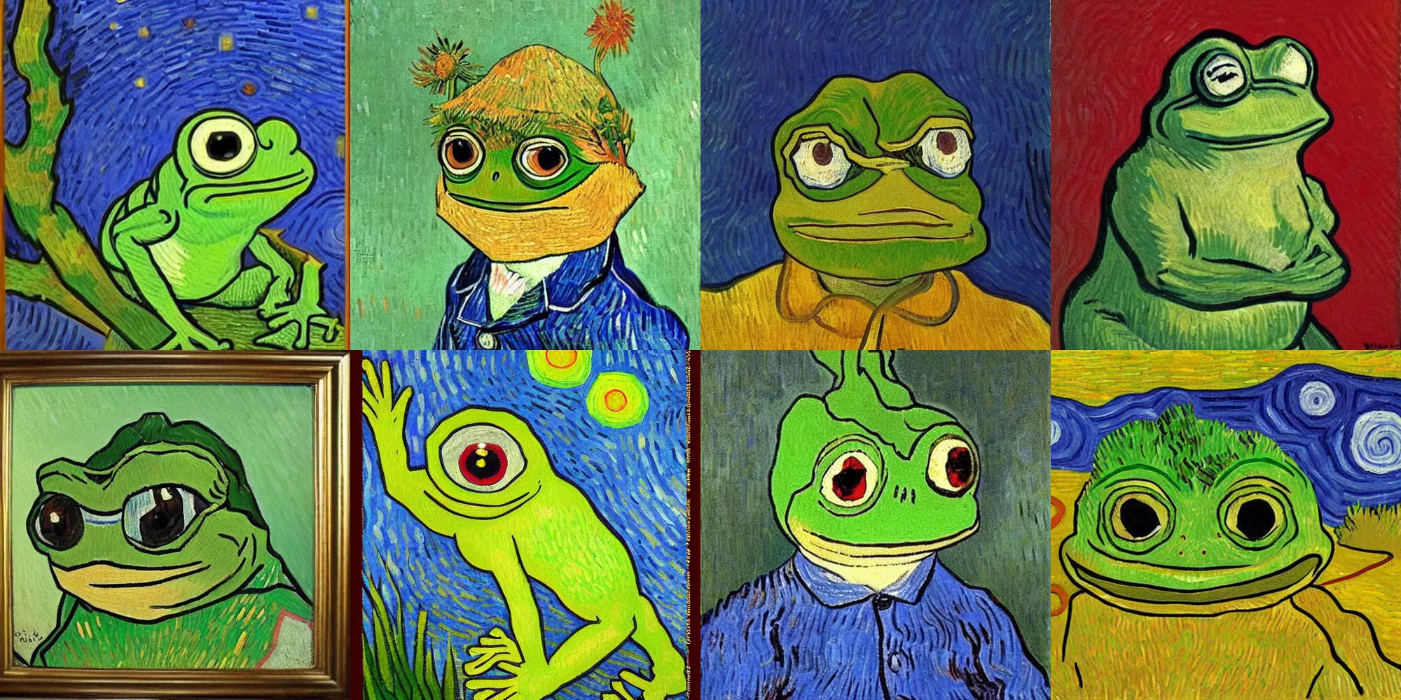 Prompt: pepe the frog by van gogh, oil panting on canvas