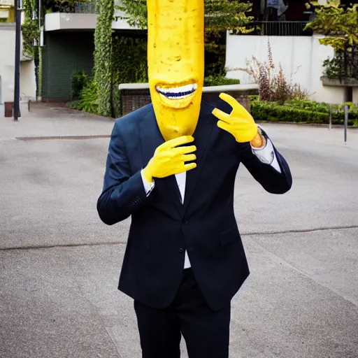 Image similar to banana head, a man wearing a suit banana head