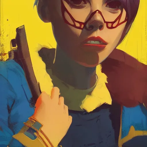 Image similar to Highly detailed portrait of a punk slightly zombifiedyoung lady by Atey Ghailan, by Loish, by Bryan Lee O'Malley, by Cliff Chiang, inspired by image comics, inspired by graphic novel cover art !!!Yellow, brown, black and cyan color scheme ((dark blue moody background))