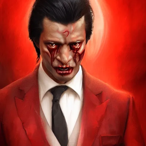 Image similar to portrait of rajesh hamal upper body in bloody business suit, blood red eyes, vampire fangs, fantasy, intricate, elegant, highly detailed, digital painting, artstation, concept art, matte, sharp focus, illustration, art by aenaluck and roberto ferri and greg rutkowski, epic fantasy, digital painting