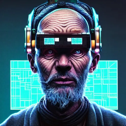 Image similar to Colour Photography of 1000 years old man with highly detailed 1000 years old face wearing higly detailed cyberpunk VR Headset designed by Josan Gonzalez Many details. Man playing Minecraft in VR . In style of Josan Gonzalez and Mike Winkelmann andgreg rutkowski and alphonse muchaand Caspar David Friedrich and Stephen Hickman and James Gurney and Hiromasa Ogura. Rendered in Blender