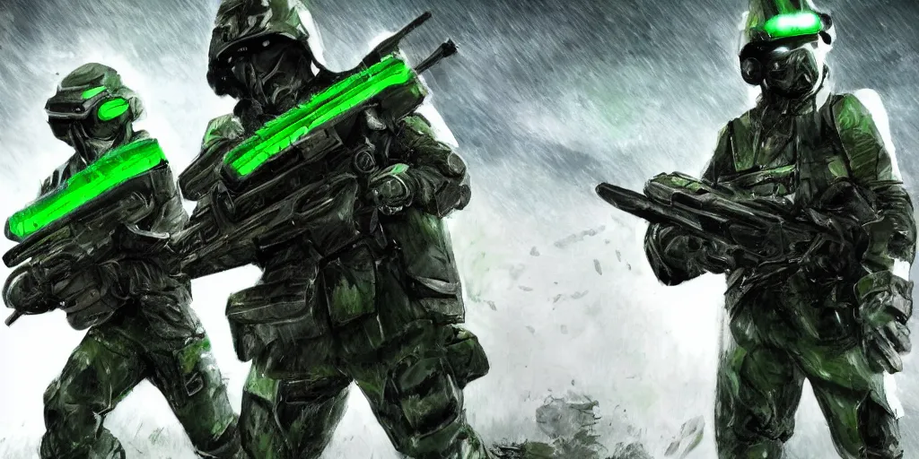 Image similar to A detailed sketch of two guerilla soldiers with green plasma rifles with revolver drums wearing grey armour with dark green stripes and full helmets with dark green visors, night, rain, water drops on the lense, a complicated black spaceship with green lights in the background, realistic 4k octane beautifully detailed render, 4k post-processing, highly detailed, intricate complexity, epic composition, magical atmosphere, cinematic lighting, masterpiece, ultra hd