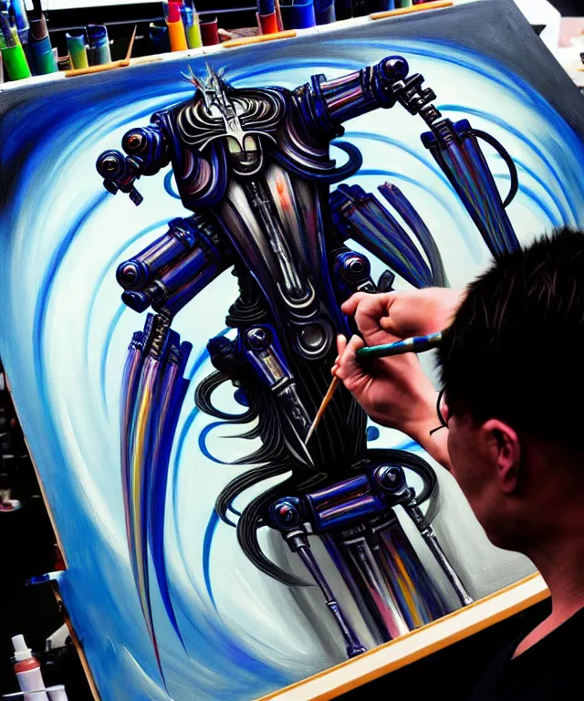 Prompt: photo of futuristic holy futuristic cyborg-robot-painter-artist creating a painting with acrylic paint and brushes in a futuristic artist studio by H.R Giger, by Ayami Kojima, Amano, Karol Bak, Greg Hildebrandt, and Mark Brooks, Neo-Gothic, gothic, rich deep colors. masterpiece, intricate artwork by Tooth Wu and wlop and beeple, greg rutkowski. still from a 2021 movie by Terrence Malick, Tarkovsky, Gaspar Noe, James Cameron,