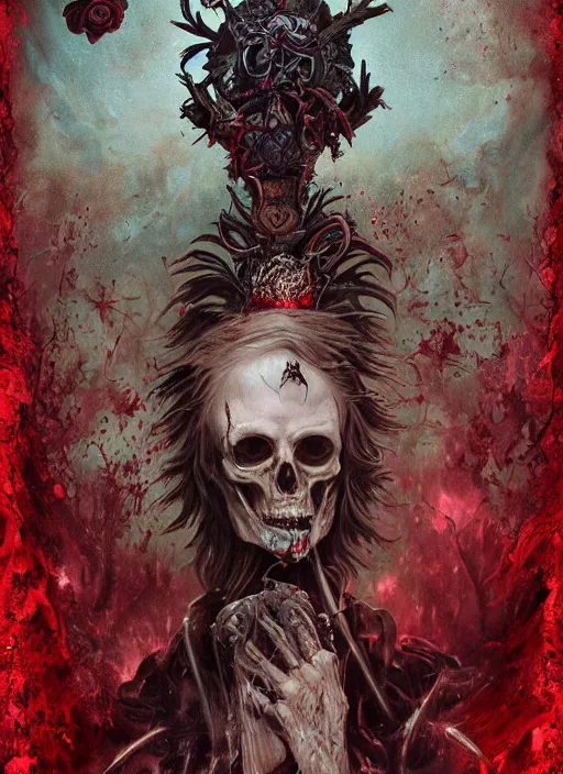 Image similar to the king of hearts, death tarot card, highly detailed, cinematic, 8 k, by megan duncanson, benjamin lacombe, adrian borda, stanley artgermm, tom bagshaw, craig mullins, carne griffiths, ayami kojima, beksinski, giger, trending on deviantart, hyper detailed, horror, full of colour