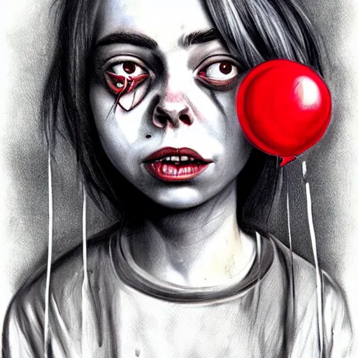 Image similar to surrealism grunge cartoon portrait sketch of billie eilish with a wide smile and a red balloon by - michael karcz, loony toons style, pennywise style, chucky style, horror theme, detailed, elegant, intricate