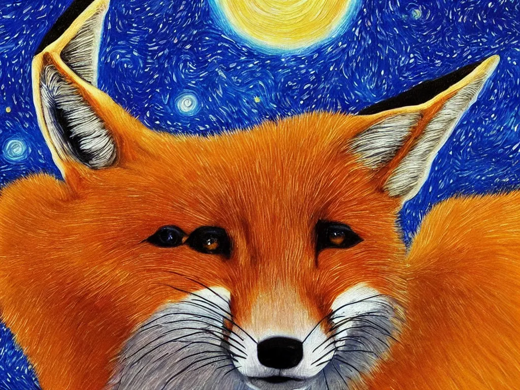 Image similar to a centred zoomed out painting of a fox in the style of Starry Night, highly detailed