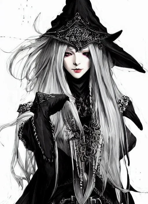 Image similar to beautiful human witch with blonde long straight hair in intricate ornate witch robe, haughty evil look, witch hat. in style of yoji shinkawa and hyung - tae kim, trending on artstation, dark fantasy, great composition, concept art, highly detailed, dynamic pose.