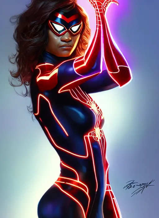 Image similar to zendaya as spider - woman, intricate, elegant, glowing lights, highly detailed, digital painting, artstation, glamor pose, concept art, smooth, sharp focus, illustration, art by artgerm and greg rutkowski, artey freytag