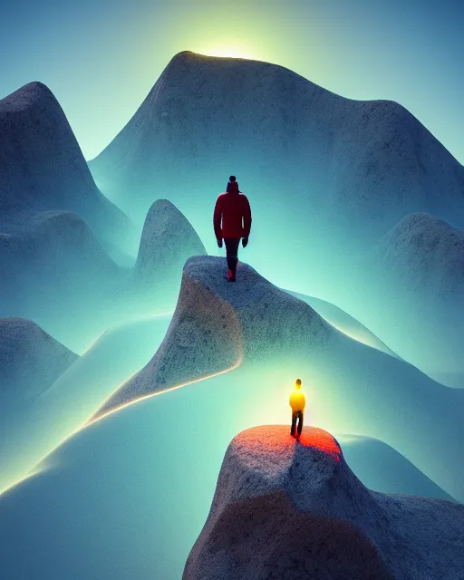 Image similar to a man standing in the middle of a mountain looking at a glowy shape, a render by filip hodas, behance contest winner, environmental art, rendered in cinema 4 d, volumetric lighting