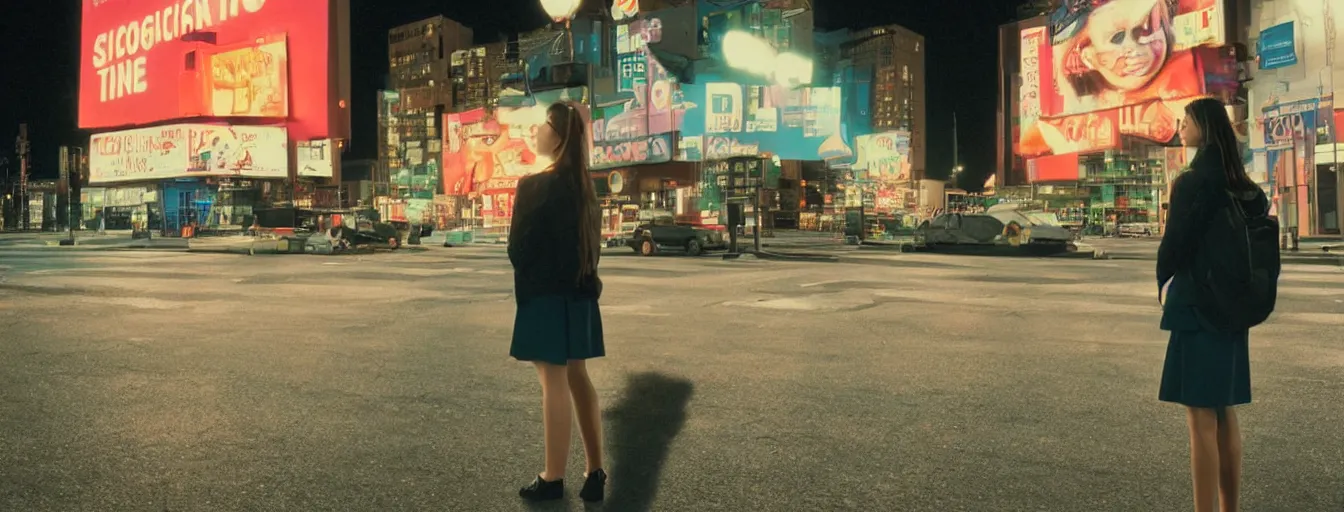 Prompt: 90s neon movie still. City at night. School Girl stands on the sidewalk. She is looking up at an advertisement. hyperrealistic, high definition, medium format photography, highly detailed, technicolor, anamorphic 50mm lens