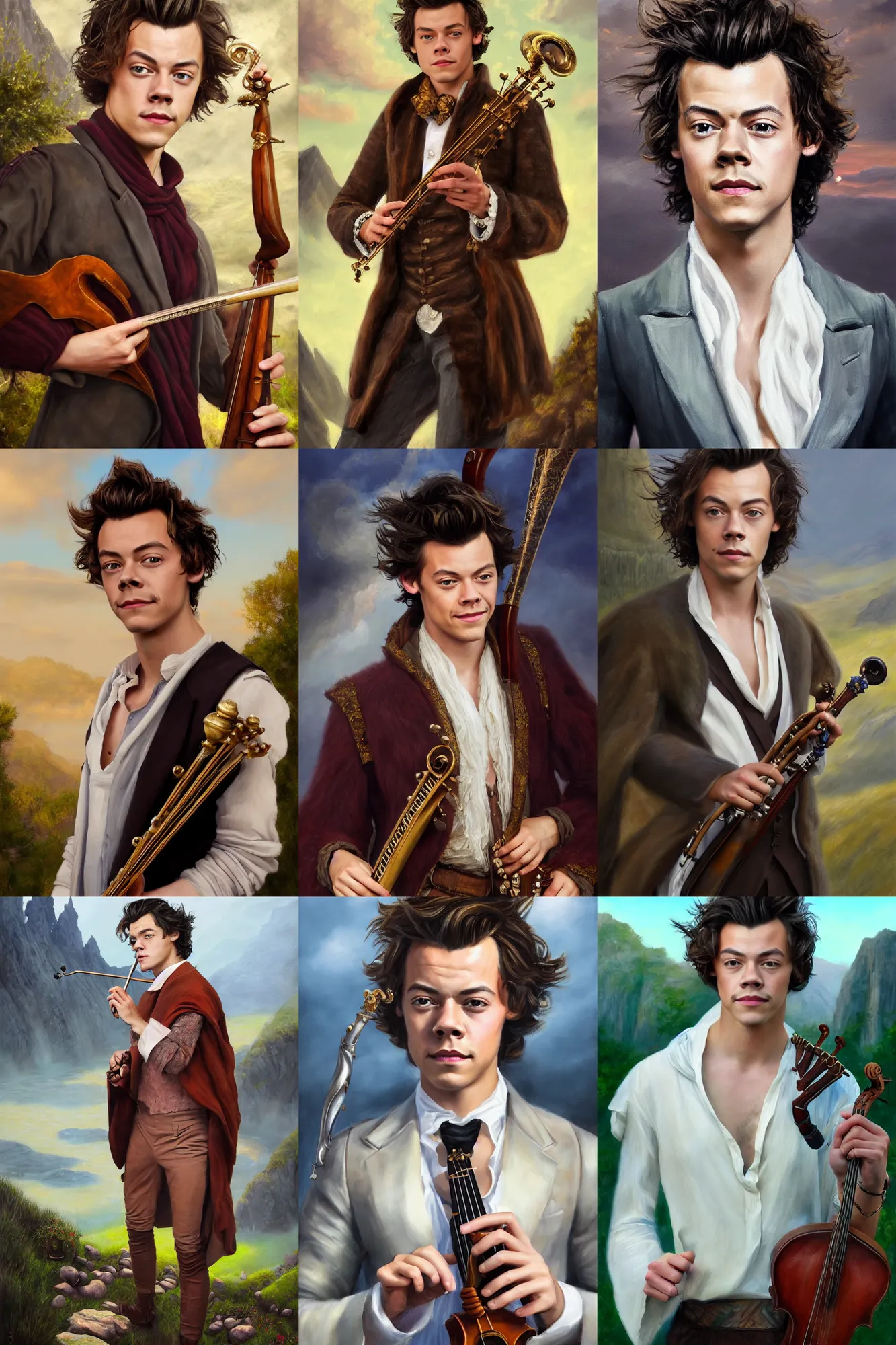 Prompt: a full body high detail fantasy portrait oil painting illustration of harry styles as an elegant male bard by justin sweet with face and body clearly visible, in a scenic background, pupils visible, realistic proportions, d & d, rpg, forgotten realms, artstation trending, high quality, sombre mood, artstation trending, muted colours, entire person visible!