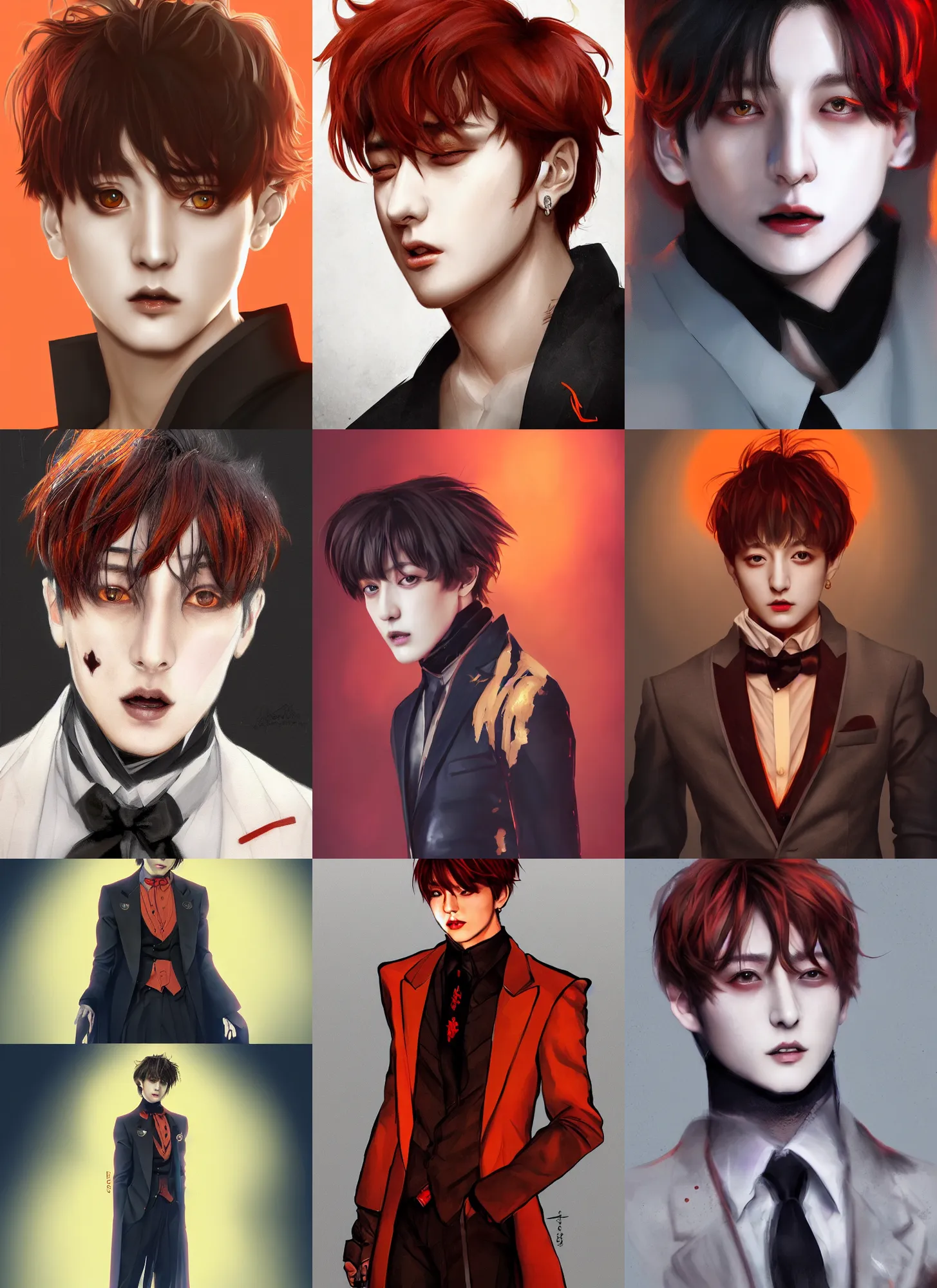 Prompt: jungkook jeon as a vampire. wearing intricate styled suit, semi realism, anime realism, symmetrical face, slim face, appealing, photorealism, uhd, amazing depth, glowing, golden ratio, sakimichan, greg rutowski, volumetric lighting, cinematic lighting, red orange lighting, artstation concept art