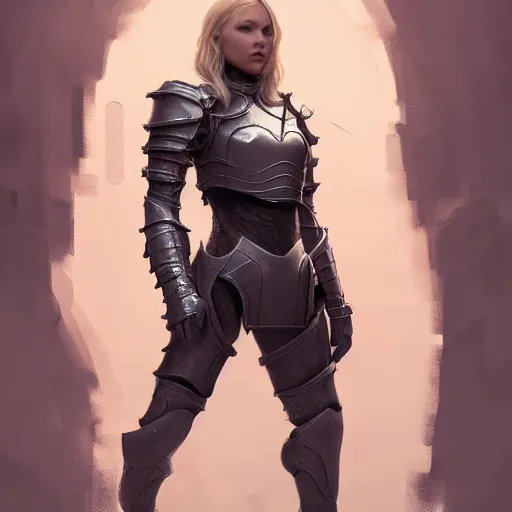 Image similar to full body portrait of a blonde female wearing knight armor, an ultrafine hyperdetailed illustration by tooth wu and wlop and beeple and greg rutkowski, trending on artstation, highly detailed, 4 k, 8 k