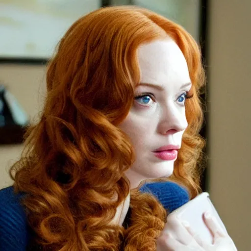 Image similar to amazing beautiful Christina Hendricks with puffy lips in the living room, film still from the movie directed by Denis Villeneuve , wide lens