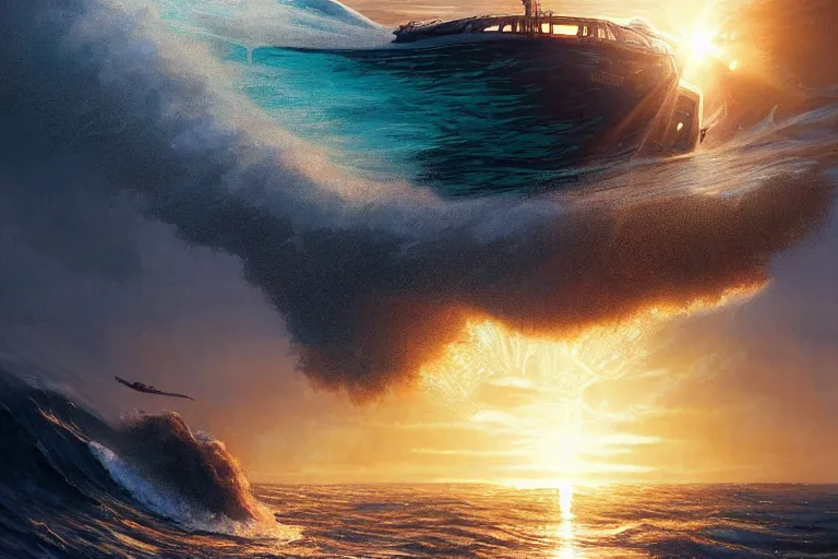 Image similar to detailed intricate digital illustration by greg rutkowski and artgerm and wlop and sanford robinson gifford ; nuclear bomb radiating bright, blinding lens flare across the horizon of a serene ocean, beautiful, glistening water and waves ; 1 3 mm film, arri alfa anamorphic lens, golden hour lighting ; sharp focus ; trending on artstation 8 k