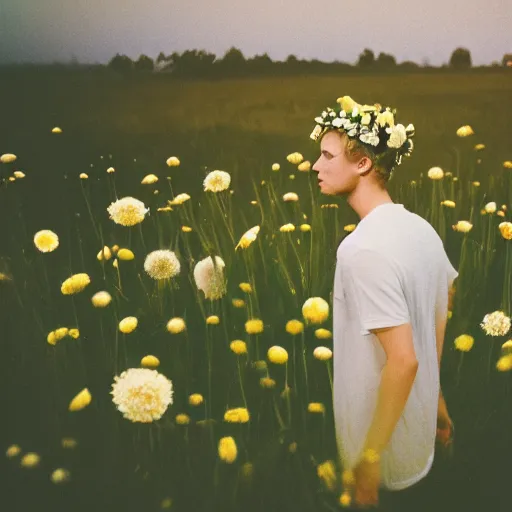 Image similar to revolog volvox photograph of a skinny blonde guy standing in a field of flowers, flower crown, back view, grain, moody lighting, telephoto, 9 0 s vibe, blurry background, vaporwave colors!, faded!,