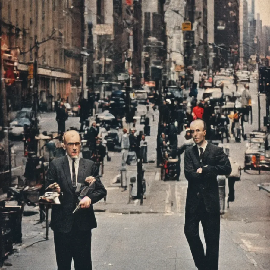 Image similar to portrait of a man in a suit in the streets of new york, 1 9 6 0 s, colour film street photography, photo taken with ektachrome, featured on flickr, photographed on damaged film