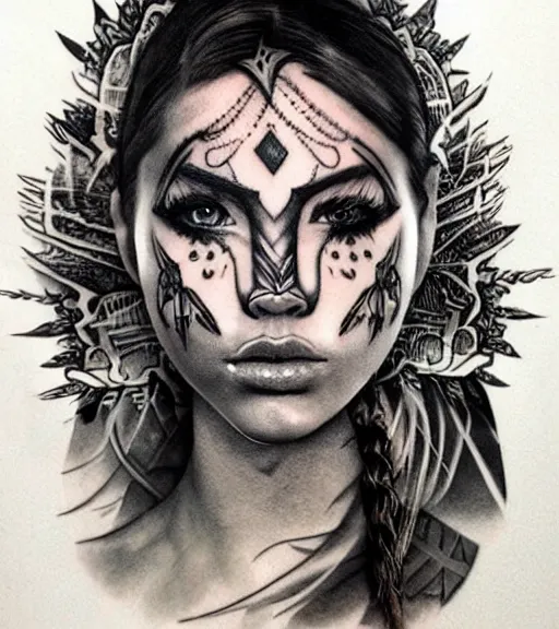 Prompt: tattoo design on paper of a hyper realistic beautiful girl warrior, hyper detailed, inspired by eliot kohek