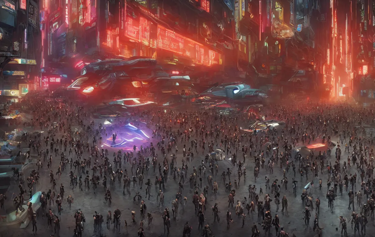 Image similar to photograph a crowd of people surrounding a giant female biomorphic cyborg in middle of futuristic blade runner 2 0 4 9 seoul korea, by jean moebius giraud, beeple, greg rutkowski. octane render. in the style of the fifth element, cyberpunk 2 0 4 9.