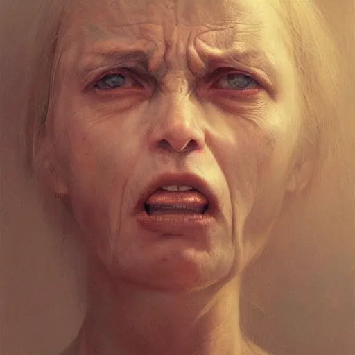 Image similar to A portrait of a woman, angry face, art by Greg Rutkowski and Zdzisław Beksiński