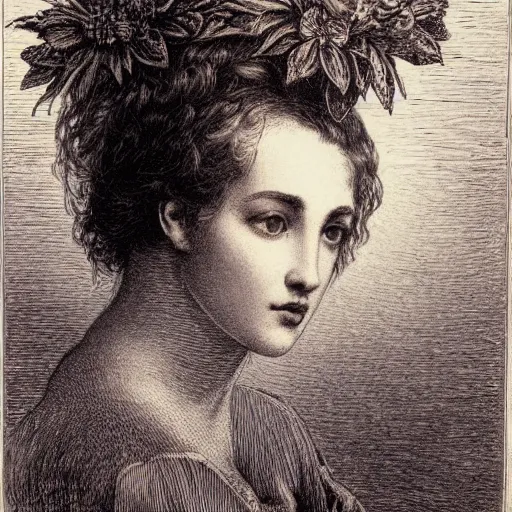 Image similar to extreme close-up, portrait of a beautiful french woman with flower in head, Gustave Dore lithography