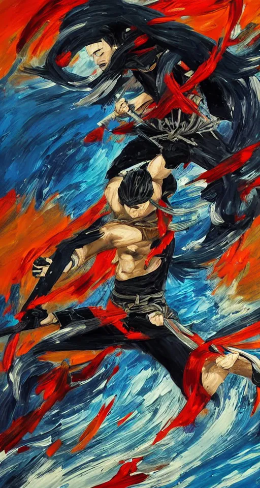 Image similar to beautiful abstract painting, man, ninja with katana of water wave, full body, water fists of fury, crazy hate face, jumping leaping heroic attack, action scene, ultra detailed