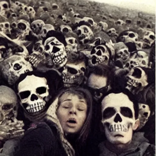 Prompt: the last selfie ever taken skeletons lots of bodies world war 3