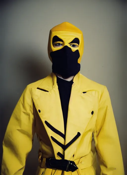 Prompt: a fashion portrait photograph of a man wearing a yellow mask designed by jean paul gaultier, 3 5 mm, color film camera, pentax