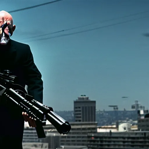 Image similar to film still of mike ehrmantraut aiming with a sniper rifle on a rooftop, 4 k, highly detailed