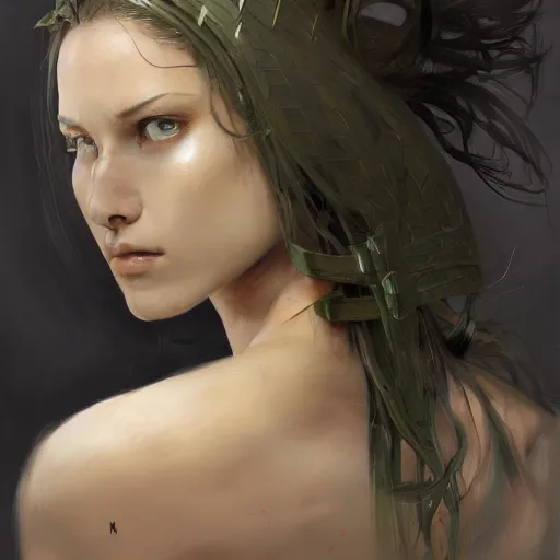 Image similar to tattoo design, a professional painting of a beautiful young female, partially clothed in battle armor, olive skin, long dark hair, beautiful bone structure, symmetrical facial features, intricate, elegant, digital painting, concept art, smooth, sharp focus, illustration, from Metal Gear, by Ruan Jia and Mandy Jurgens and Greg Rutkowski and Artgerm and William-Adolphe Bouguerea and artgerm, cat girl, anime