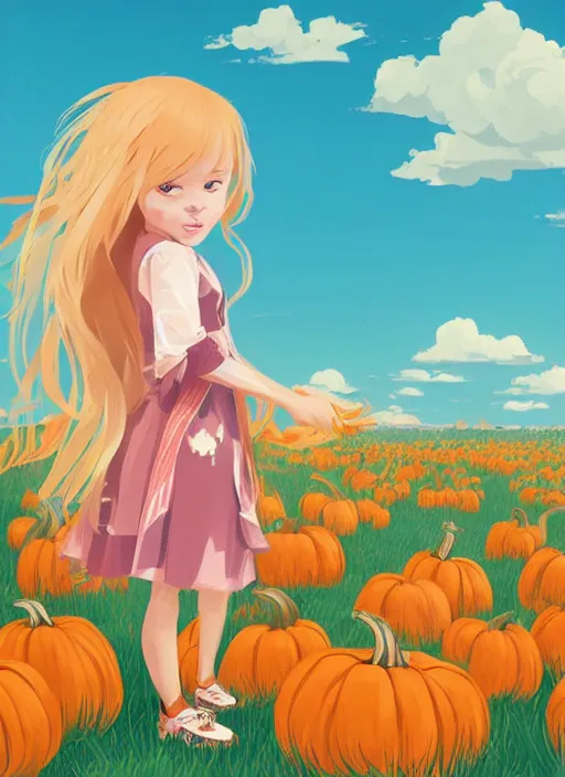 Image similar to little girl with long blonde hair happy at the pumpkin patch. clean cel shaded vector art. shutterstock. behance hd by lois van baarle, artgerm, helen huang, by makoto shinkai and ilya kuvshinov, rossdraws, illustration, art by ilya kuvshinov