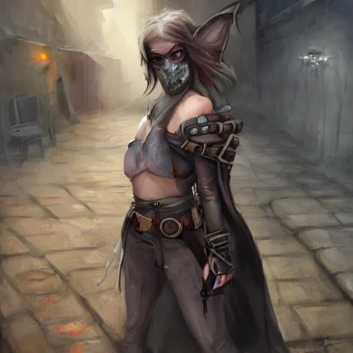 Prompt: dungeon and dragons rogue with covered face in an alley, hyper realistic, torn clothes, dirty, sweat, detailed face, in the style of emilia wilk