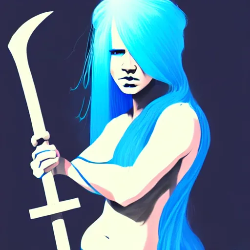Image similar to A woman with long white hair, and bright blue skin, holding and axe with black mold dripping off it, professional art, trending on artstation