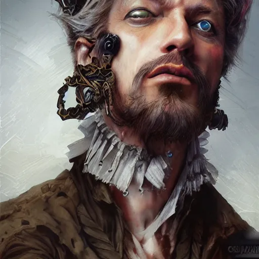 Image similar to portrait, headshot, insanely nice professional hair style, dramatic hair color, digital painting, of a old 17th century, old cyborg merchant, amber jewels, baroque, ornate clothing, scifi, realistic, hyperdetailed, chiaroscuro, concept art, art by Franz Hals and Jon Foster and Ayami Kojima and Amano and Karol Bak,