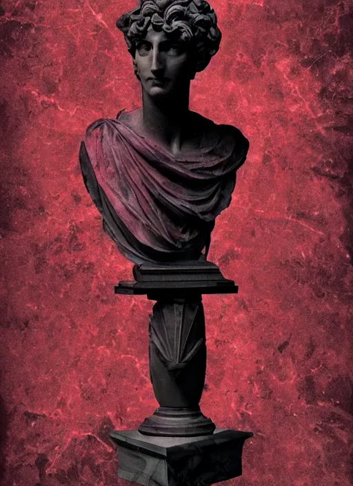 Prompt: elegant dark design poster showing a beautiful greco roman marble statue, black background with very subtle red and purple design elements, bold, powerful, nekro, vito acconci, thin straight purple lines, dark, glitch art, neo vaporwave, gritty, layout frame, square, trending on artstation