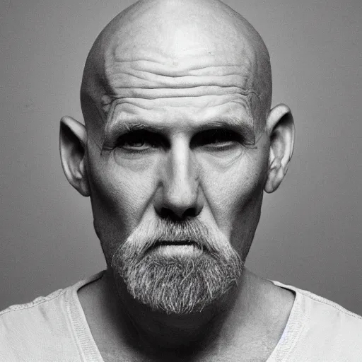 Image similar to A mugshot portrait of a bald old man who looks like Jerma985 with a beard, wearing mid-1980s menswear in the late 2008, taken in the late 2010s, grainy, realistic, hyperrealistic, very realistic, highly detailed, very detailed, extremely detailed, detailed, trending on artstation, front facing, front view, headshot and bodyshot, detailed face, very detailed face