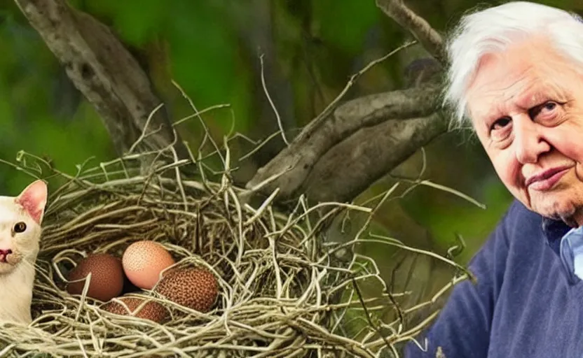 Image similar to david attenborough pointing at a cat in a big nest, lots of eggs. national geographic, strange, photorealistic