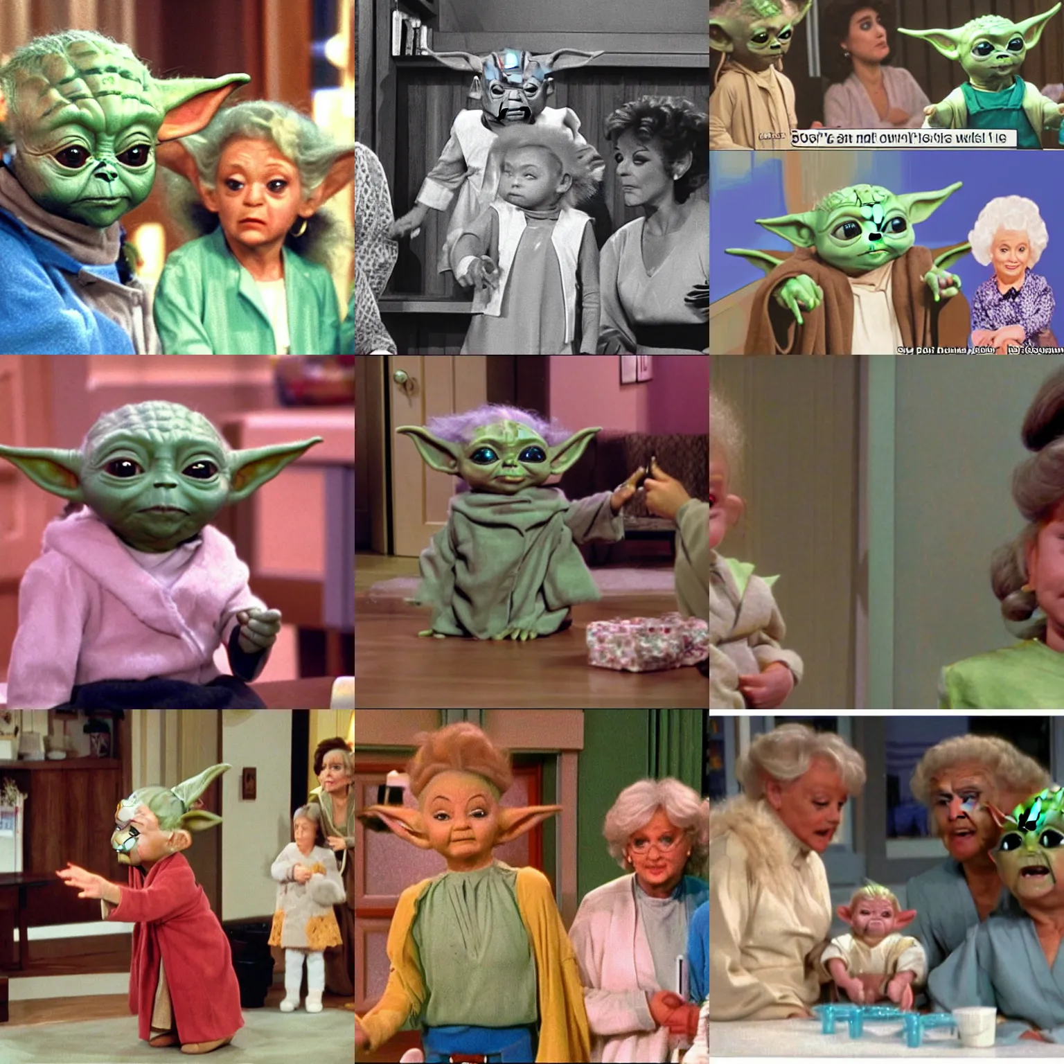 Prompt: 1 baby yoda ( 2 0 1 4 ) as sophia in an ensemble scene of the tv show golden girls ( 1 9 8 5 ) hq