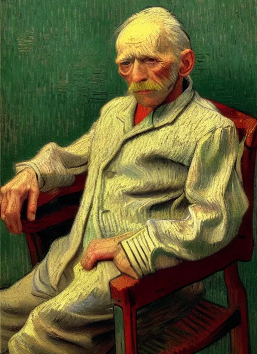 Image similar to portrait of a tired old man in a chair, detailed realism face in painting, detailed beautiful portrait, expressionist oil painting masterpiece, 8 k resolution, smooth, sharp focus, pastel color palette, trending on artstation, by van gogh