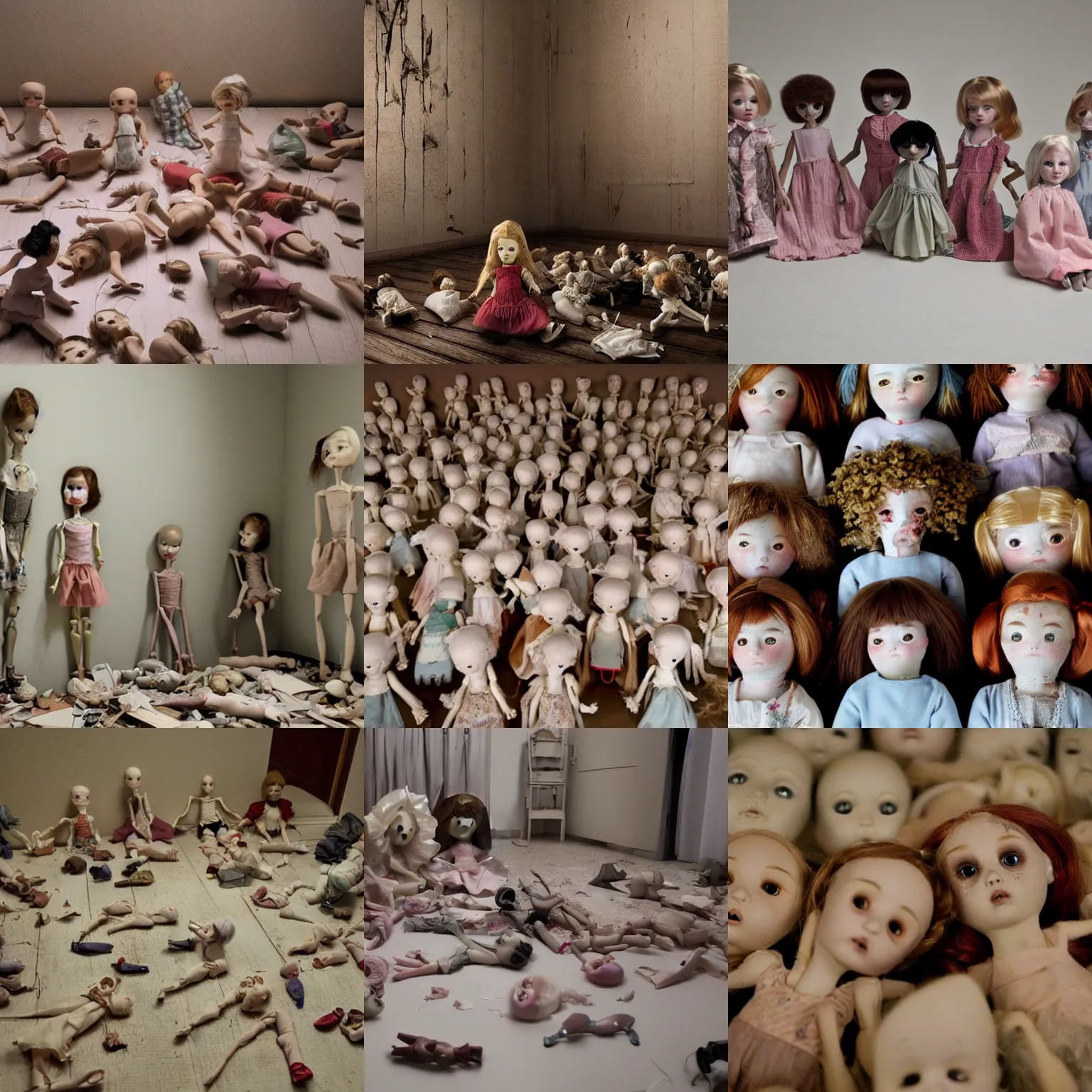 Prompt: a room full of broken dolls, unsettling, creepy, photorealistic