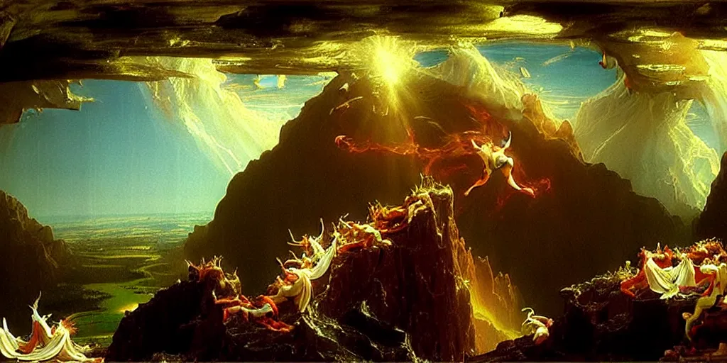 Image similar to heaven and hell painted by thomas cole