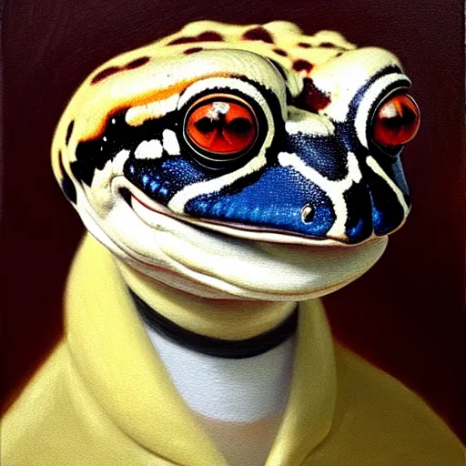 Image similar to a head and shoulders portrait painting of an anthropomorphic!!!!!!!!!! amazon milk frog!!!!!!!!!! wearing a colonial!!!!!!!!!! outfit without a hat looking off camera, a character portrait, romanticism, oil on canvas, visible brushstrokes, intense colors