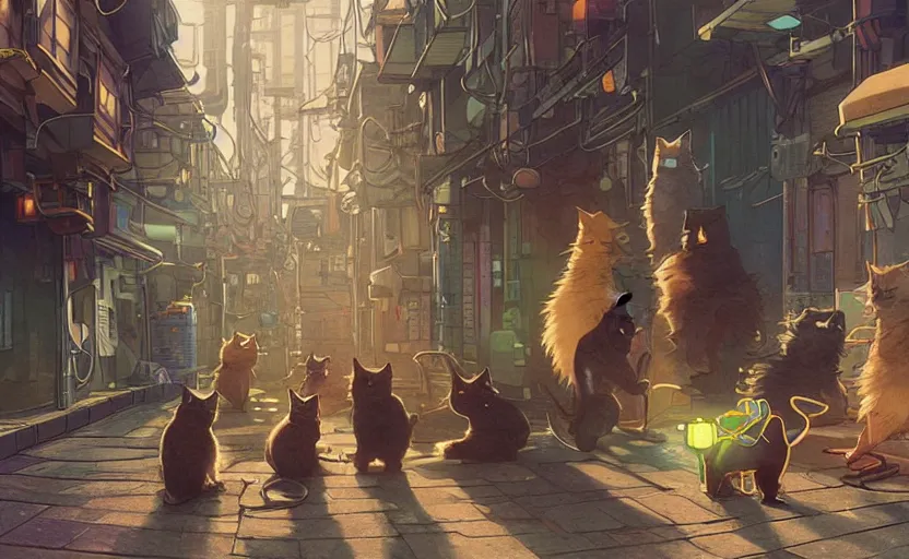 Image similar to a group of cats with one cat stretching in an alleyway in a space opera cyberpunk studio ghibli animated film, volumetric lighting, octane render by anime, stanley artgerm lau, greg rutkowski, thomas kindkade, alphonse mucha, loish, norman rockwel, highly detailed