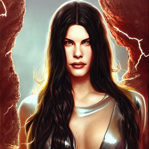 Prompt: liv tyler 2 0 - years old as the greek god of lightning, highly detailed, crazy aerosmith, young, by artgerm and greg rutkowski