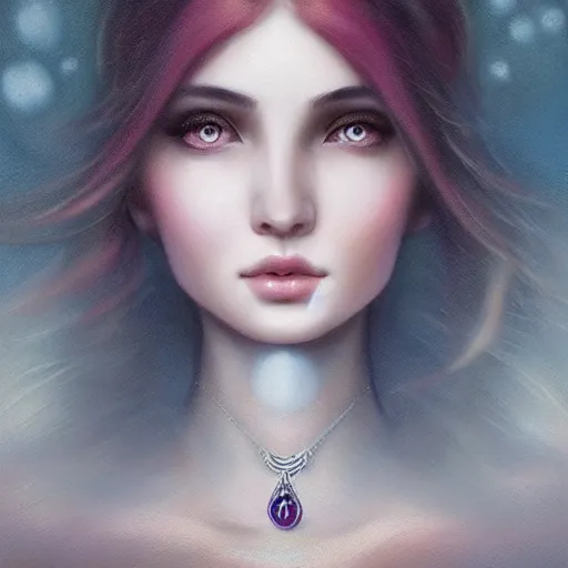 Image similar to ! beautiful female portrait, inner glow, symmetric face, flowing hair, moonlight, gemstone necklace, by wlop, by tom bagshaw, by gallen - kallela trending on artstation,