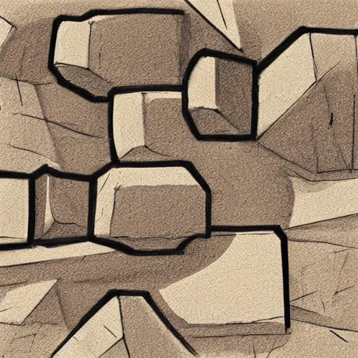 Image similar to masterpiece sketchy abstract intricate painting of detailed highly layered flat rocky material along a planer surface of rectangular shapes. highly geometric with visible thin pencil rough sketch lines slanting down. isometric angles. beautiful use of light and shadow to create a sense of a stony landscape. using architectural brushwork and a rich earthy color palette, providing a mathematical rough sketchy look.