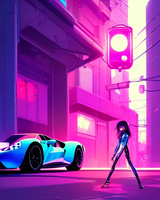 Image similar to digital illustration of cyberpunk pretty girl with pink hair, standing by a blue ford gt in a street at night, under streetlights, by makoto shinkai, ilya kuvshinov, lois van baarle, rossdraws, basquiat