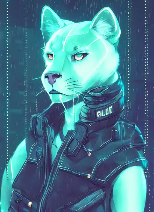 Prompt: beautiful portrait commission of a female furry anthro panther fursona wearing a police uniform. Cyberpunk city at night in the rain. Neon light. Atmospheric. Character design by charlie bowater, ross tran, artgerm, and makoto shinkai, detailed, inked, western comic book art